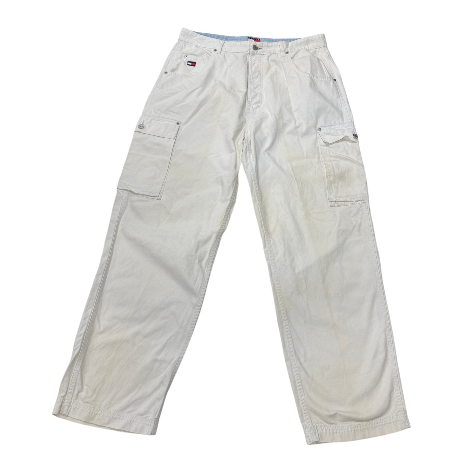 Vintage Tommy Jeans Mens 36x32 White Cargo Pants Button Fly Logo Patch 90s